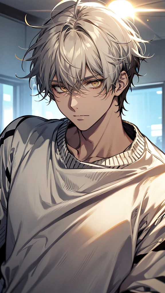 One, male, man, white soft sweater, yellow eyes, direct facial treatment, Short white disheveled messy hair length, color of light and gradient black stripes, sun light, warm light, anime style