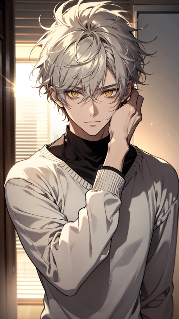 One, male, man, white soft sweater, yellow eyes, direct facial treatment, Short white disheveled messy hair length, color of light and gradient black stripes, sun light, warm light, anime style
