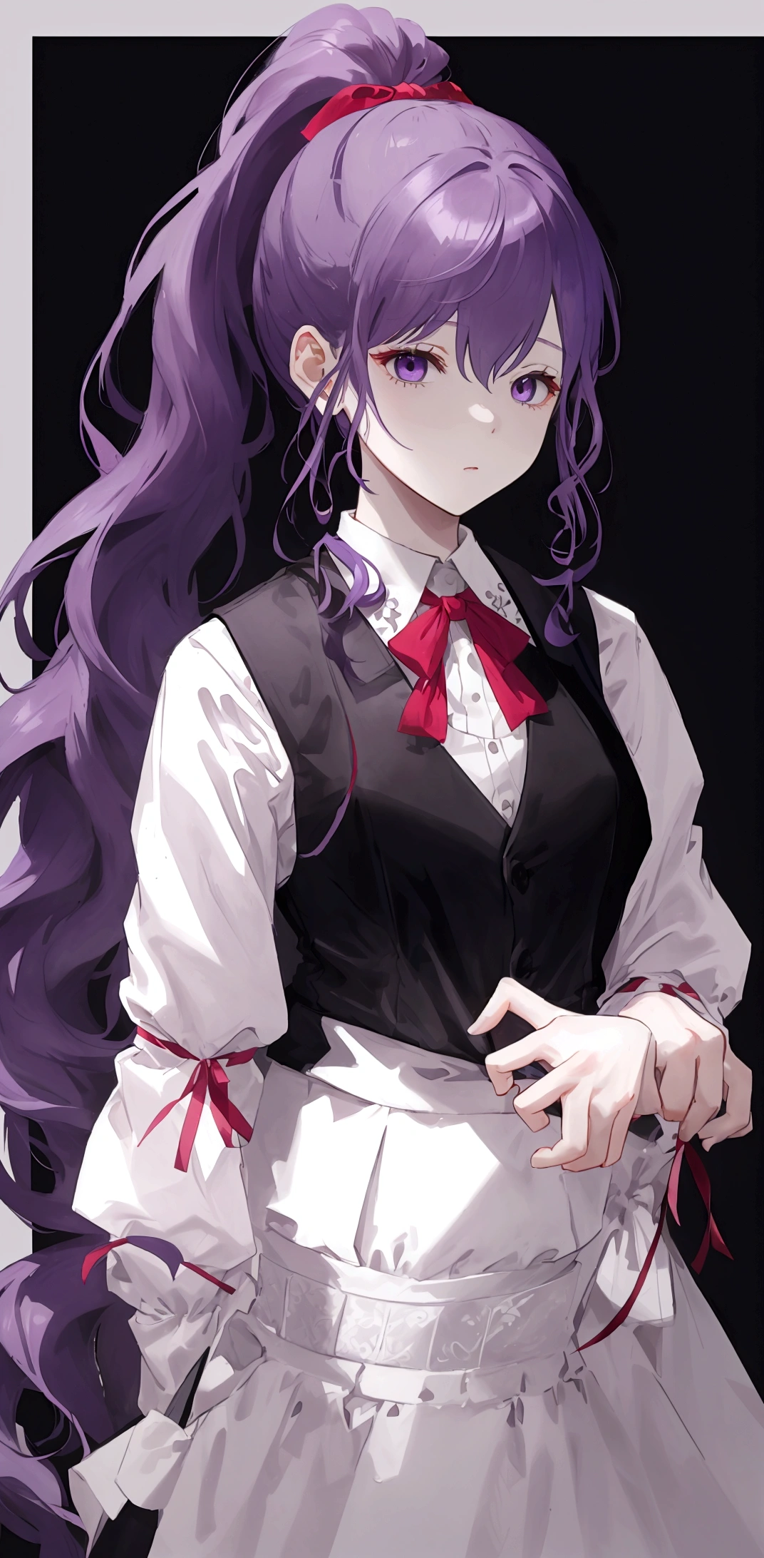 masterpiece、Highest quality、Pale purple hair、ponytail（The ends of my hair are curled）、Black vest、White shirt、Red ribbon on chest