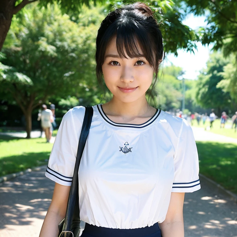 ((Highest quality、8K、masterpiece:1.3))、Realistic, Sharp focus, High resolution, High resolution, Portraiture, alone, Japanese women, Beautiful woman,  Short sleeve blouse、Casual skirt、 years old, semi-long、Standing in the park、Looking into the camera、smile、Photograph the whole body、tote bag