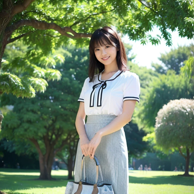((Highest quality、8K、masterpiece:1.3))、Realistic, Sharp focus, High resolution, High resolution, Portraiture, alone, Japanese women, Beautiful woman, Short sleeve blouse、Casual skirt、 years old, semi-long、Standing in the park、Looking into the camera、smile、Photograph the whole body、tote bag
