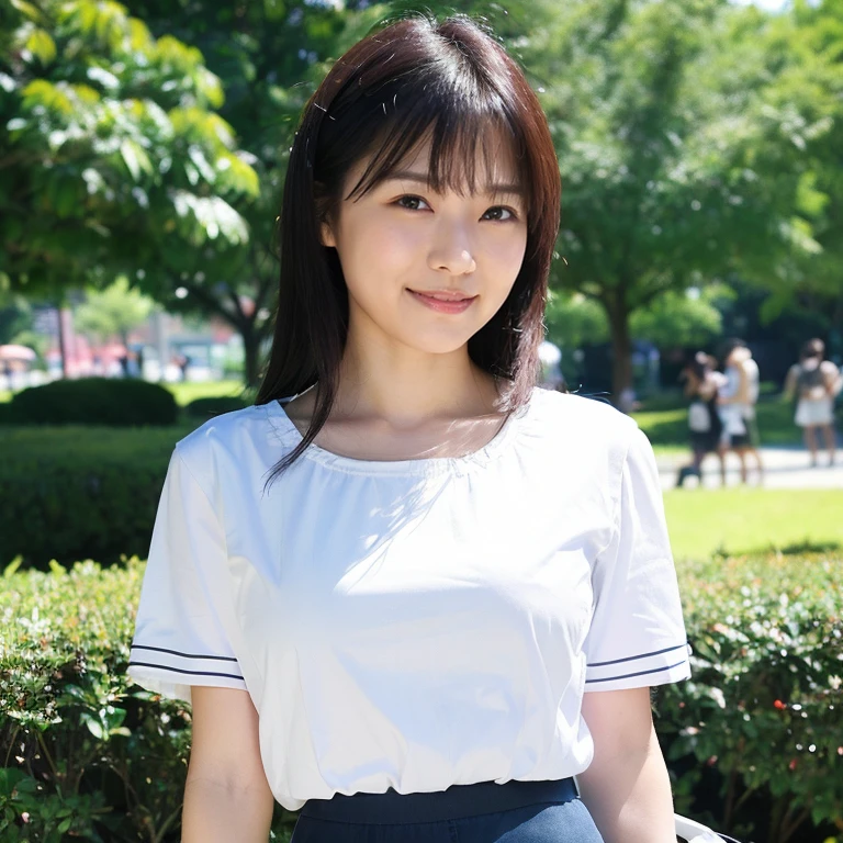 ((Highest quality、8K、masterpiece:1.3))、Realistic, Sharp focus, High resolution, High resolution, Portraiture, alone, Japanese women, Beautiful woman, Short sleeve blouse、Casual skirt、 years old, semi-long、Standing in the park、Looking into the camera、smile、Photograph the whole body、tote bag
