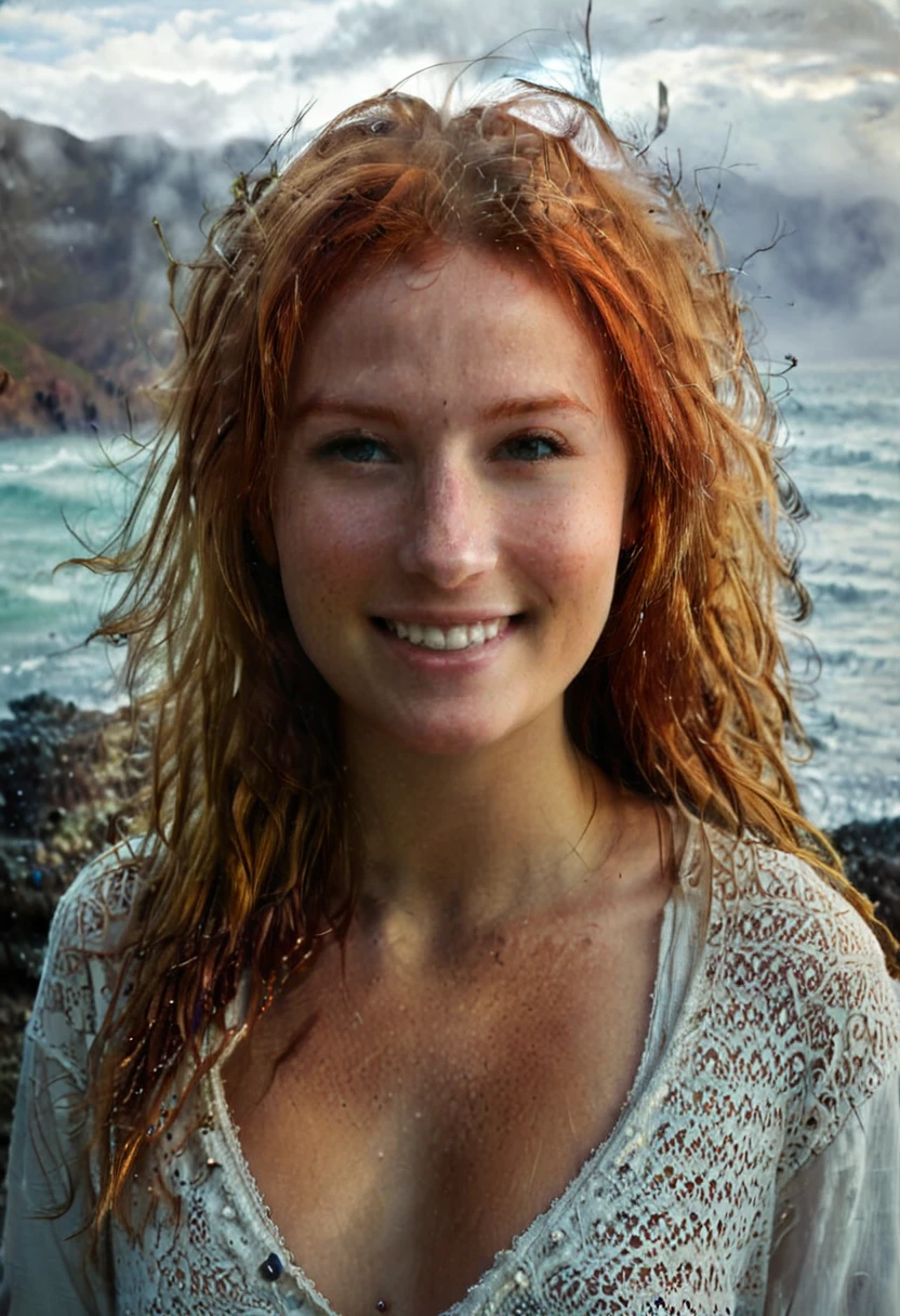 The Closeup Portrait of a beautiful freckled redhead yukip Girl, blushed smile, (ivan aivazovsky:0.1), (best quality, high resolution, extreme detail, outstanding composition, perfect , masterpiece:1.4), award winning, pureerosface_v1 , (aesthetic of conceptual art with volcanic atmosphere:0.5), screen space reflections (ssr), absolute sharpness, f/11, symmetry and balance, distinctive breathtaking magnum with delicate details, (autumn colours:0.1), epic shot, action shot, foggy, moody picture, soft shading, (vacations, high resolution:1.3), (small, selective focus, european film:1.2), (sexual advance:1.1),in the style of Kelly Slater ,style by Kelly Slater, style of Kelly Slate,art by Jeremy Mann