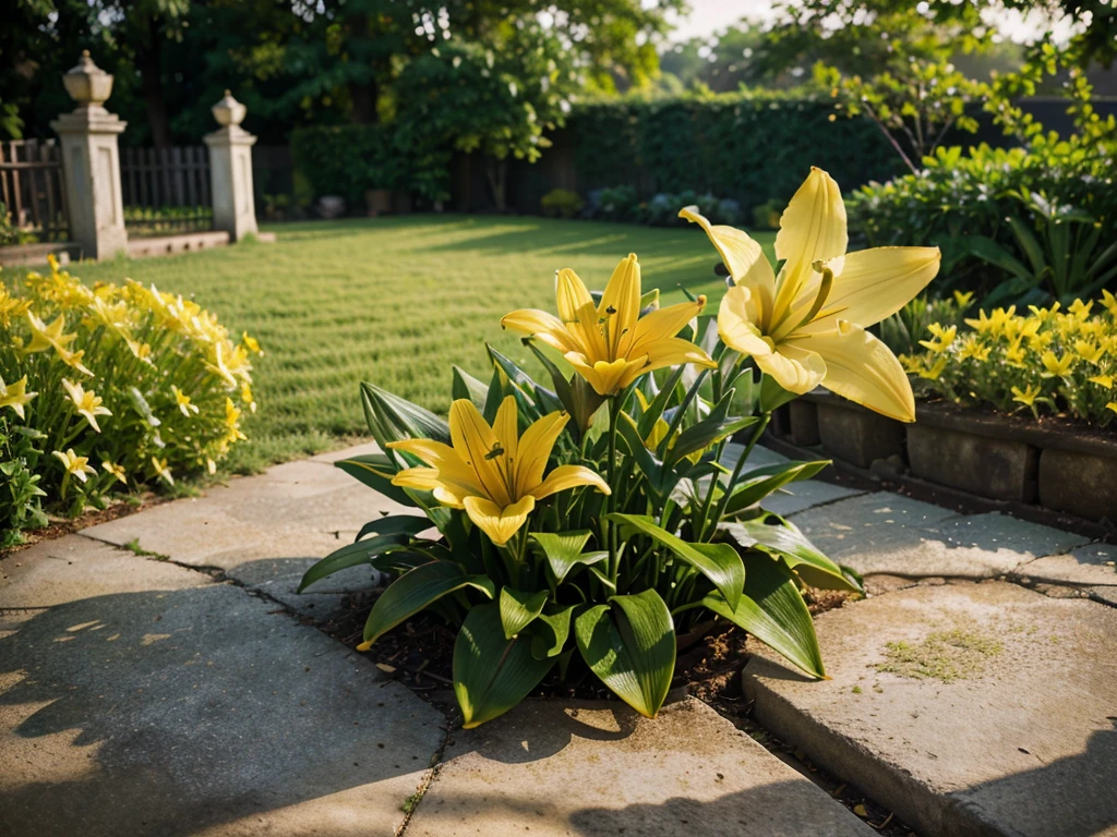 a beautiful yellow lily flower,highly detailed,realistic,photorealistic,8k,HDR,professional photography,stunning lighting,cinematic,vibrant colors,soft focus,shallow depth of field,nature,botanical,floral,elegant,graceful,lush,blooming,close up,natural setting,outdoor,garden,meadow