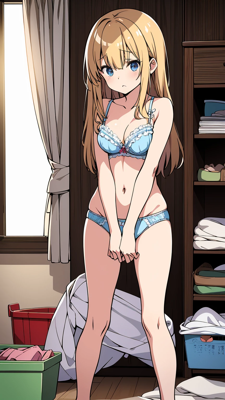 High resolution、4K quality、Highest quality、younger sister、ta、pantiesが床に落ちている、Surprised expression、白のコットンpanties、panties、used underwear、Crotch stain、Discarded underwear、panties単体、Laundry basket、strip、Underwear is scattered、Underwear is scattered、床一面たくさんのpanties、A messy room full of underwear、Undressing scene、Bras scattered around