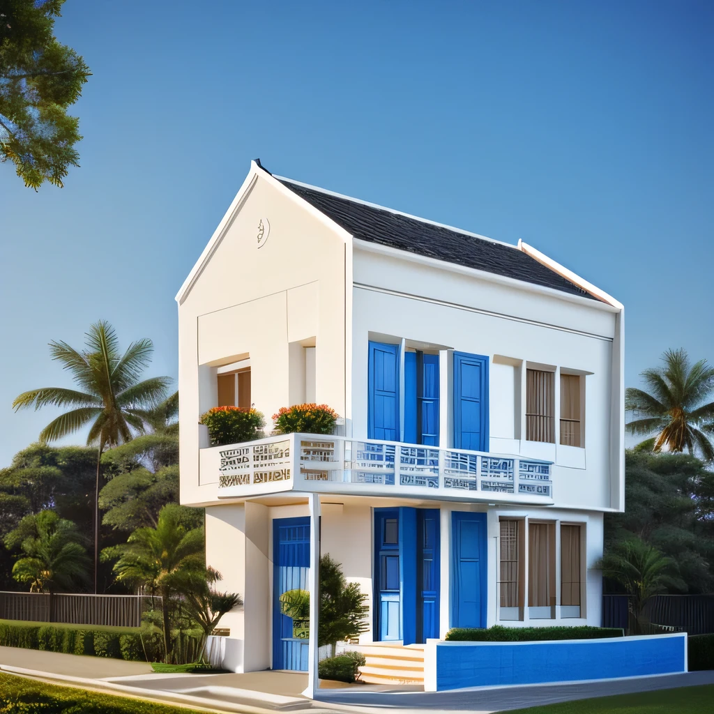 The facade of the house is decorated with white paint and blue bricks. The balcony has a chrysanthemum tree