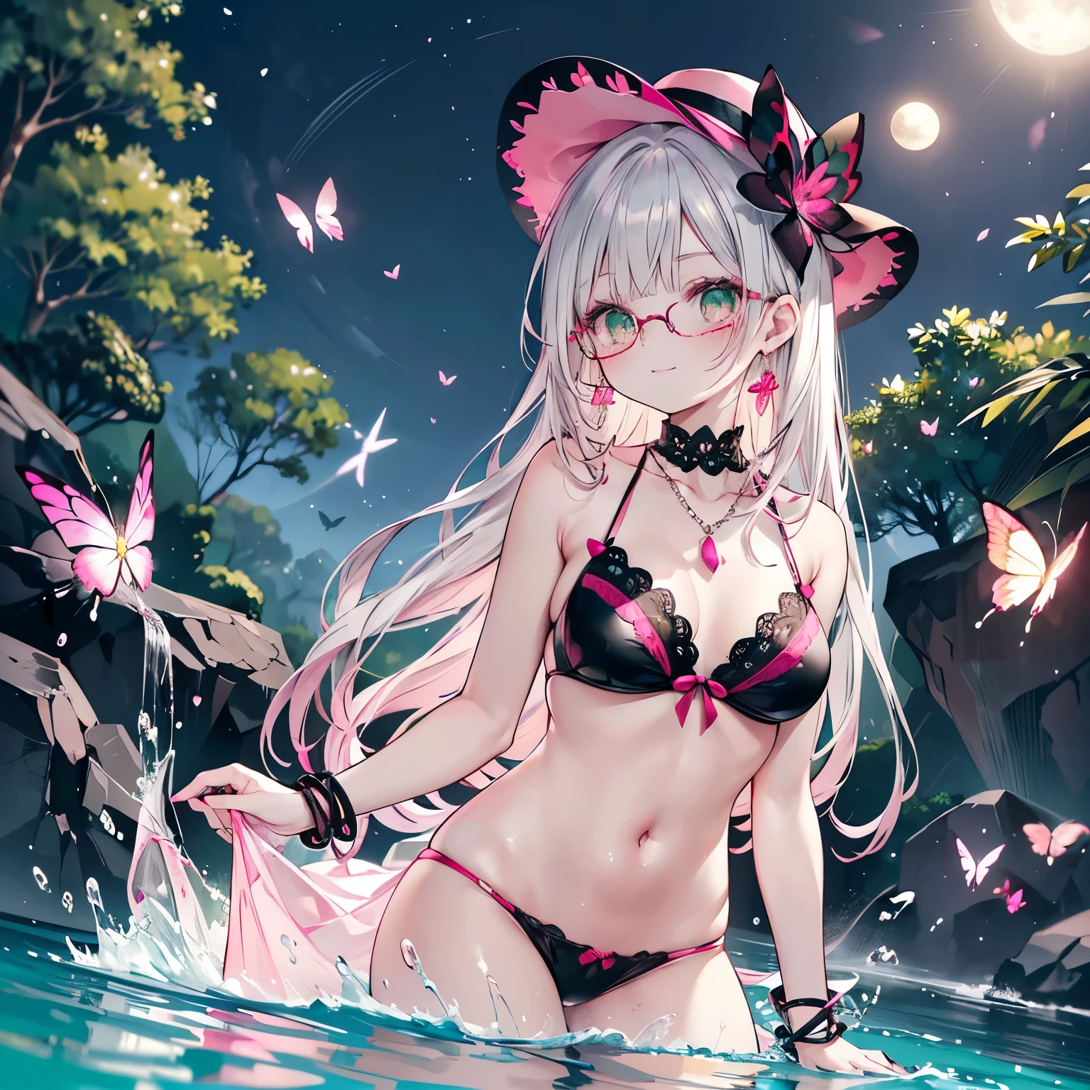 (wearing elegant green frame glasses),
(beautiful pink and green butterflies and dragonflies all over the place),colorful flowers,fantasy beams and lights,
((masterpiece:1.4, best quality)), ((masterpiece, best quality)),low angle,beautiful pony tail silver yellow hair,beautiful  green eyes,little cute   girl,wet full body, bathing in the water,water falls,water splash,lovely laugh,sexy black ta gothic,elegant pink and white hat, ((pink and red elegant string tied summer bikini)), (Lace chalker, wristband, diamond necklace,earrings),cinematic lighting and pause,beautiful natural mysterious park,night sky,full moon,(beautiful pink and yellow butterflies and dragonflies all over the place),