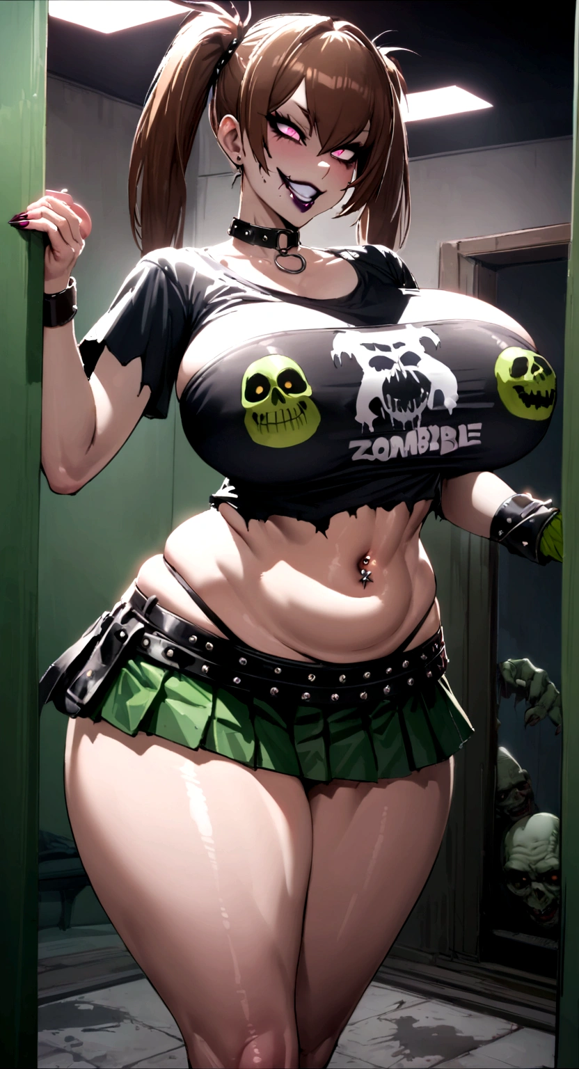 big lips, Brown hair, pink eyes, japanese face, improve, improve grin, two sides up, huge breasts, Wide hips, sexy, detailed, green room, Hits, (evil smile1.4), kawaii, pleated skirt, punk, GOOD, zombie costume, zombie shirt, zombie choker, zombie skirt, dezombie shirt,navel piercing