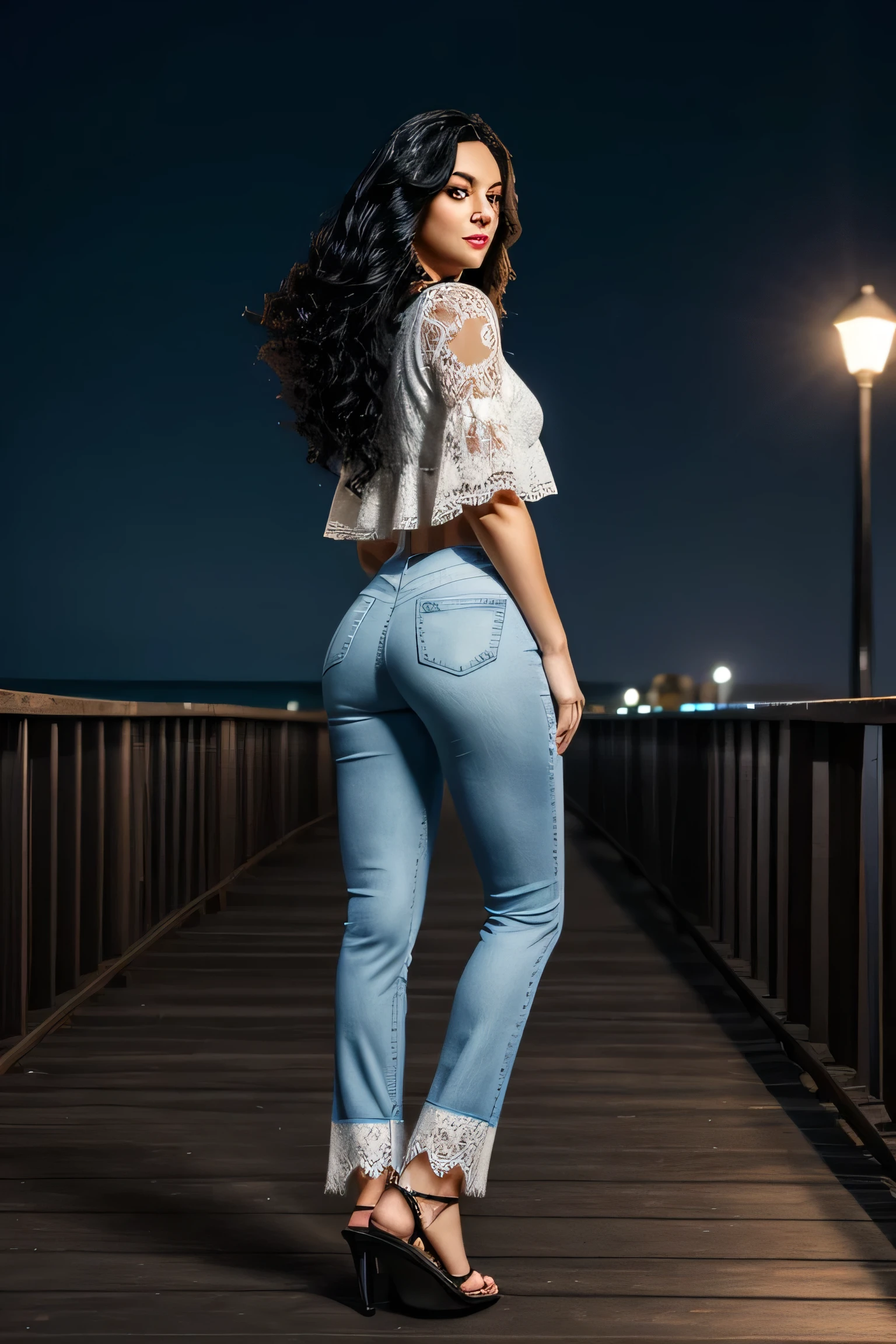 woman, long curly black hair, white lace top, blue denim pants, big butt, full body, looking at the camera, at night, on a boardwalk with an ocean view, photorealistic
