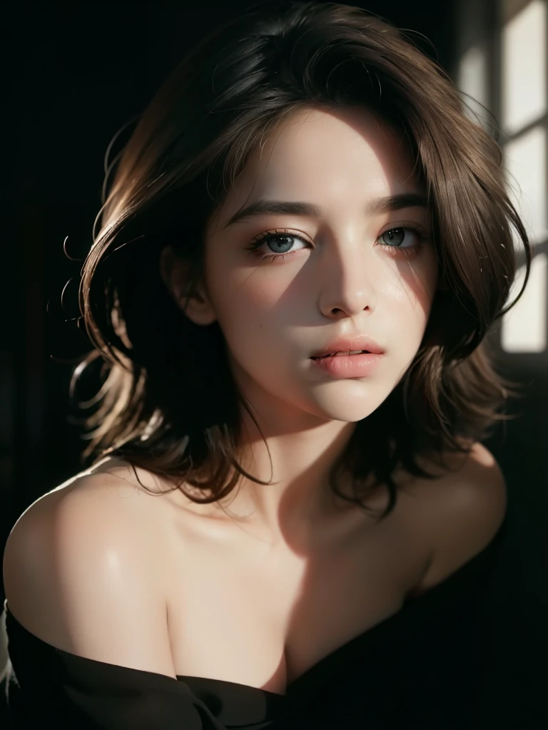 best qualityer, work of art, ultra high resolution, (photorrealistic:1.5), CRU photo, 1 girl, Off The Shoulder, in dark, deep shadow, subtle, cool light, look sexy, shorth hair