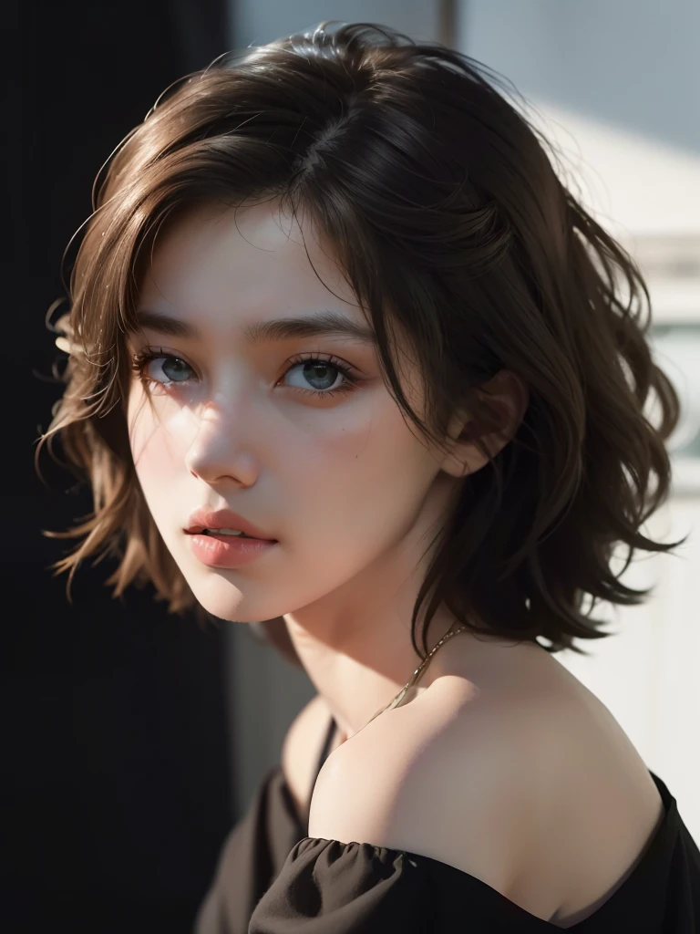 best qualityer, work of art, ultra high resolution, (photorrealistic:1.5), CRU photo, 1 girl, Off The Shoulder, in dark, deep shadow, subtle, cool light, look sexy, shorth hair