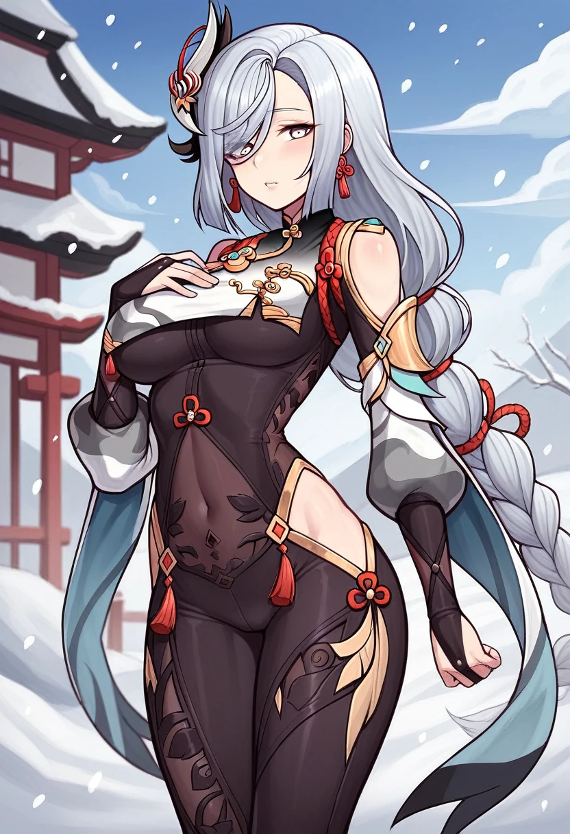 _asura style, 1girl, shenhe_(genshin_impact), breasts, solo, long_hair, large_breasts, covered_navel, hair_ornament, looking_at_viewer, hip_vent, hair_over_one_eye, snow, hand_on_own_chest, blue_eyes, bodysuit, blush, bare_shoulders, white_hair, bangs, ass_visible_through_thighs, tassel, cowboy_shot, braided_ponytail, thighs, eyes_visible_through_hair, outdoors, jewelry, snowing, tassel_earrings, black_bodysuit, earrings, very_long_hair