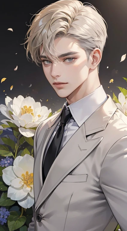 ((masterpiece)),(((best quality))), (detailed light) (detailed shadow), (high quality, breathtaking), (expressive eyes, perfect face), 1man, solo, male, tall, (), board shoulder, muscular, short blonde hairstyle with swep bangs, (((grey eyes))), happy smile face, white suit, white tie, flowers background, flower petal flying, windy, look at viewer,