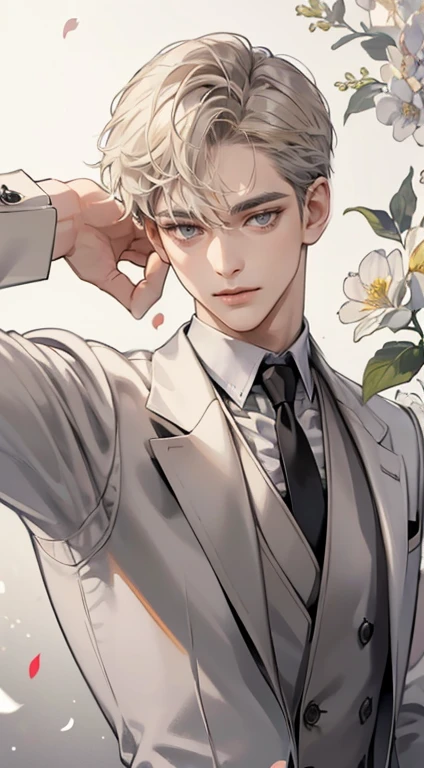 ((masterpiece)),(((best quality))), (detailed light) (detailed shadow), (high quality, breathtaking), (expressive eyes, perfect face), 1man, solo, male, tall, (mature), board shoulder, muscular, short blonde hairstyle with swep bangs, (((grey eyes))), happy smile face, white suit, white tie, flowers background, flower petal flying, windy, look at viewer,