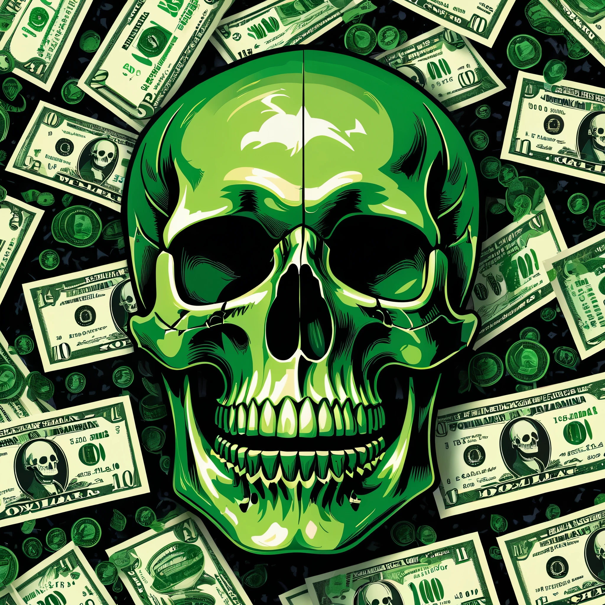 An illustration of a green skull surrounded by floating dollar bills on a black background. The artwork features detailed textures on the skull and bills, capturing a dark and eerie vibe.