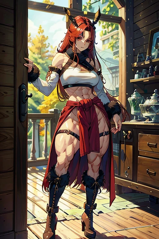 1woman. Full body imagine. Standing up straight. Matured/motherly body but youthful appearance. VERY tall, and slim. muscular, Fit built figure. Arm muscles, slim waist, thick thighs, big , SLIM body. Mulberry red hair, red eyes, pale skin. Wearing: (viking-ISH), fur sash around waist. Knee high fur boots. And a WHITE crop top