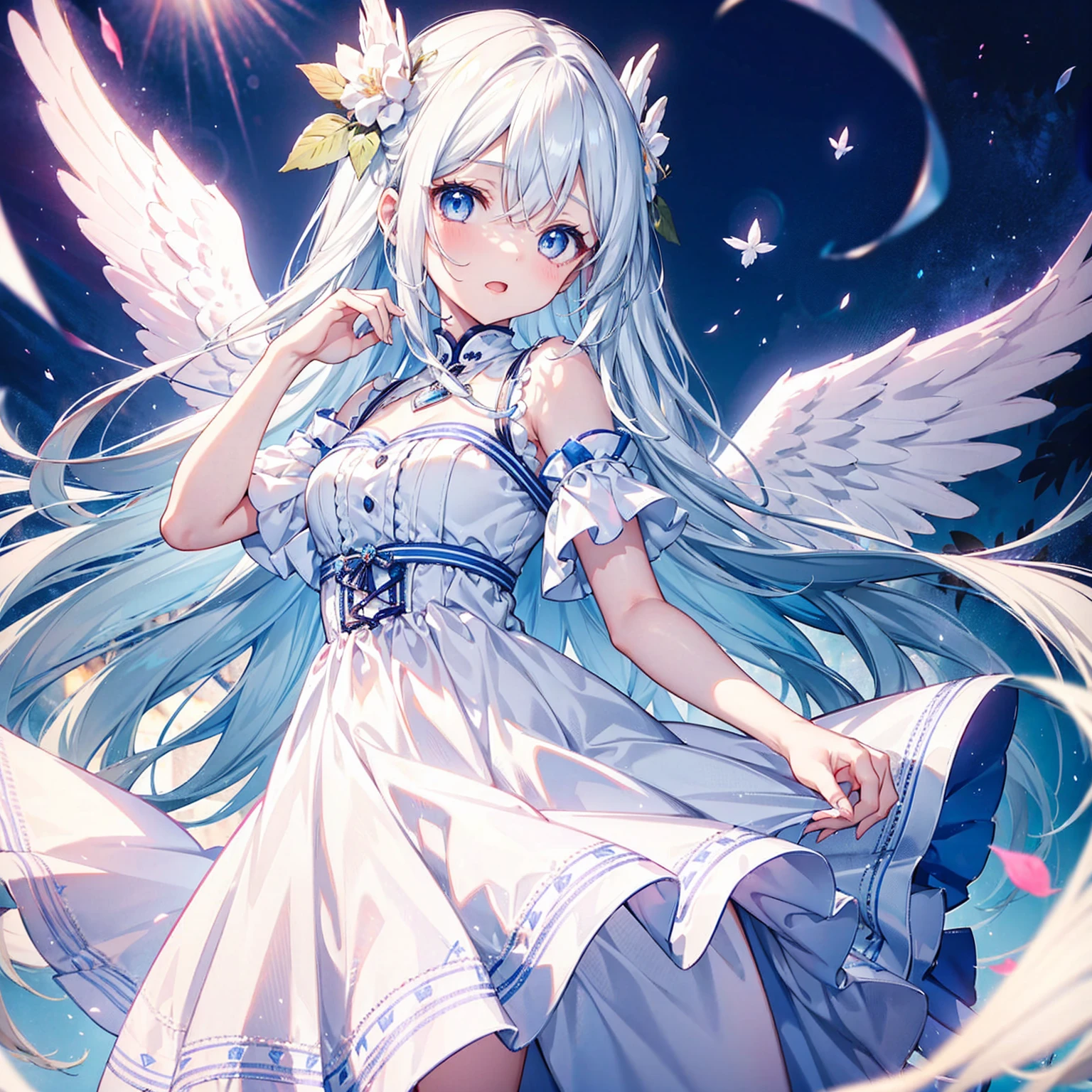 A pretty, cute girl with long white hair and blue eyes、14 Talents、Angel wings on the back、Mouth wide open and eyes wide open、comical、Bright expression、A pleasant surprise、Pure white dress