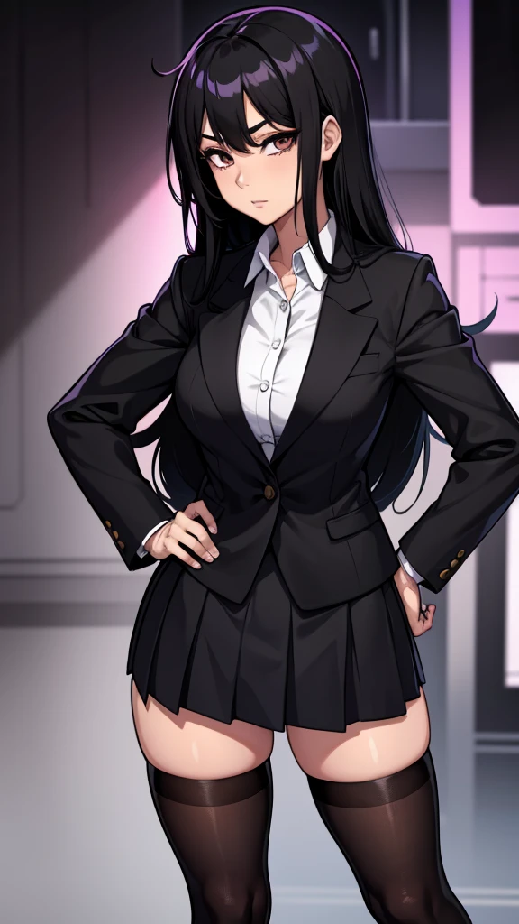 1girl, Asian Teen, Anime , black Plated skirt, Blazer, black stockings, straight Long black hair, confident facial expression, Hand on hip,