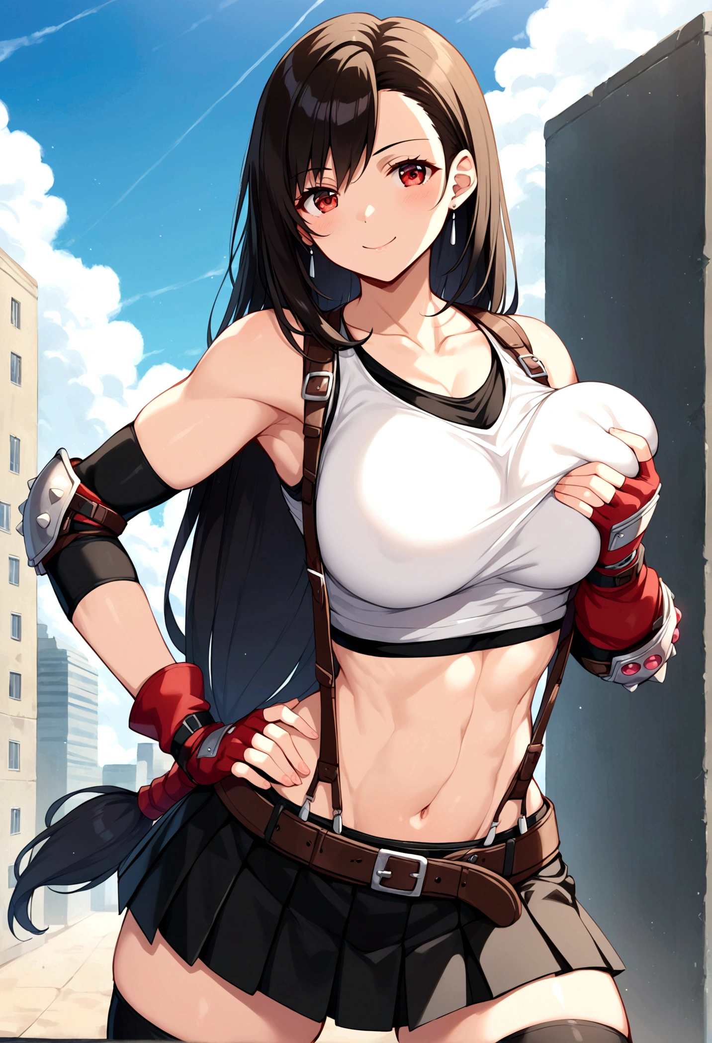 score_9, score_8_up, score_7_up,score_6, score_5, score_4,BREAK , from front,from front,(breast focus:1.5),front view.cinematic angle,standing,straight-on,(upperbody:1),looking_at_viewer ,1girl, tifa lockhart, final fantasy, tareme,black hair, low-tied long hair, red eyes, bangs, white tank top, belt, pleated skirt, thighhighs, elbow fingerless gloves, elbow pads, midriff, navel,suspender skirt ,large_breasts,(light smile),Curvy waist ,Solo,,(midnight and beachside and city),Toned. breast lift,hand on own hip, anime style, key visual, vibrant, studio anime,
highly detailed,masterpiece, best quality,
best aestethic, absurdres,cinematic lighting,