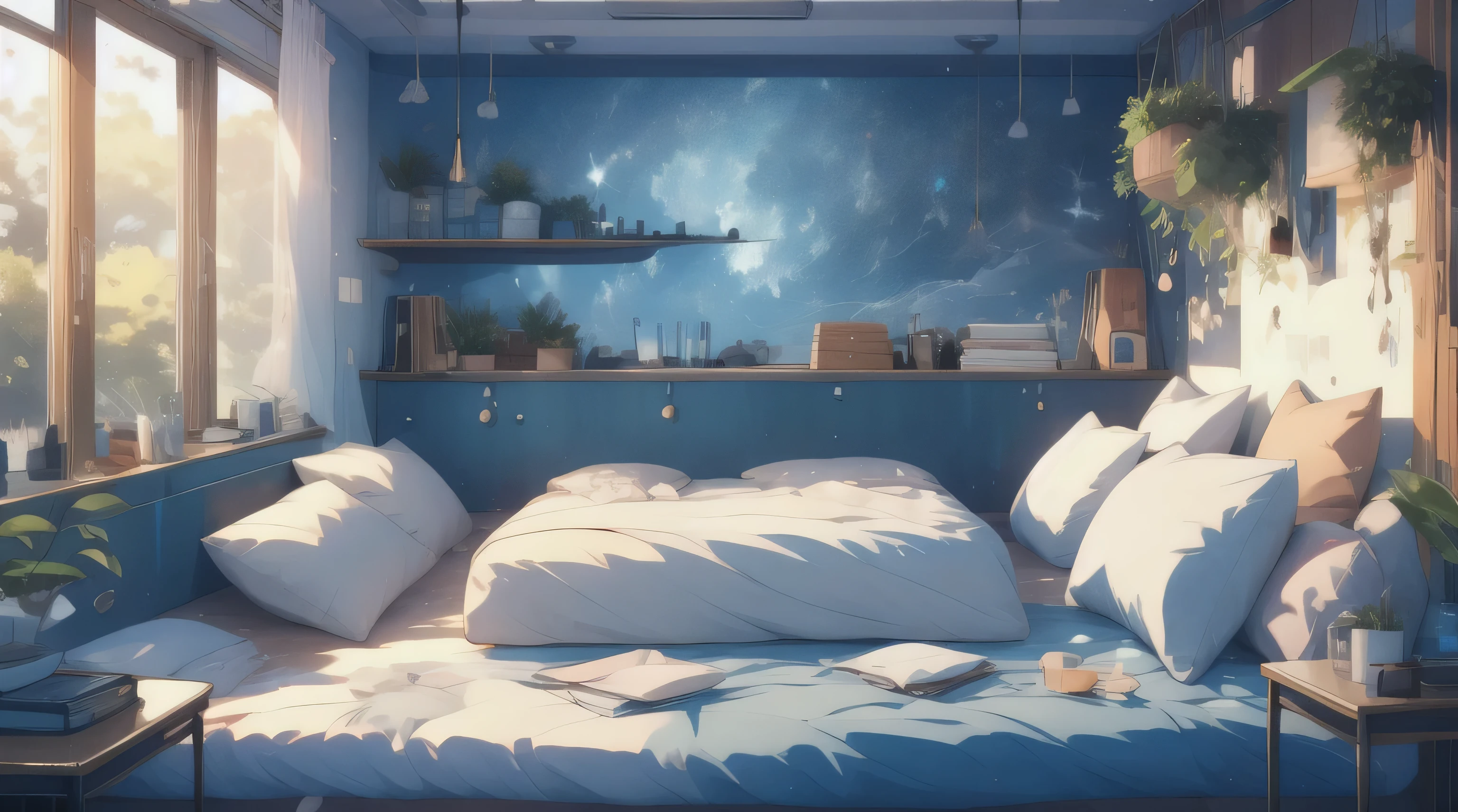 absurdres, uhd, 5k, best quality, full body, 1boy, ((solo)), alone, charlemagne\(fate\), charlemagne,  blue eyes, black hair, multicolored hair, two-tone hair, laying down, sleeping, eyes closed, in a cozy japanese bedroom, on a bed, with fluffy pillows, surrounded by stuffed animals, more pillows