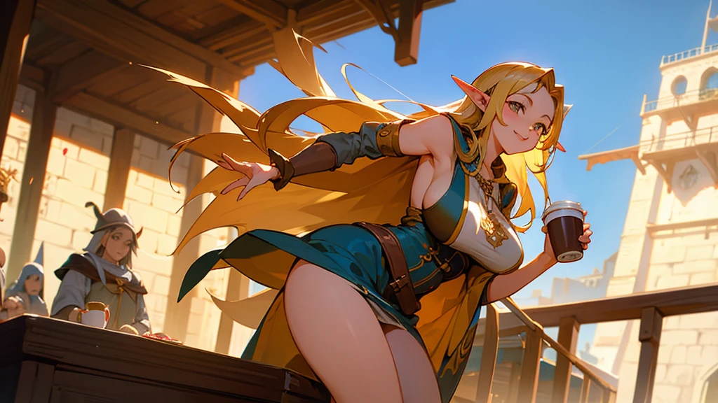 Anime Style,Nostalgic,Detailed background,The medieval world,A bustling ship with many people,Smiling bard beautiful elf girl holding coffee,Large Breasts,Healthy thighs,Underarm