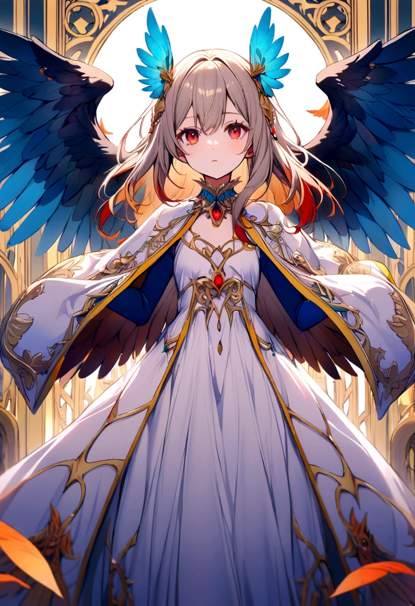 bird girl, white shoulder length hair, red eyes, orange feathered collar, white dress, blue wings instead of arms, small brown wings with yellow edges on shoulders