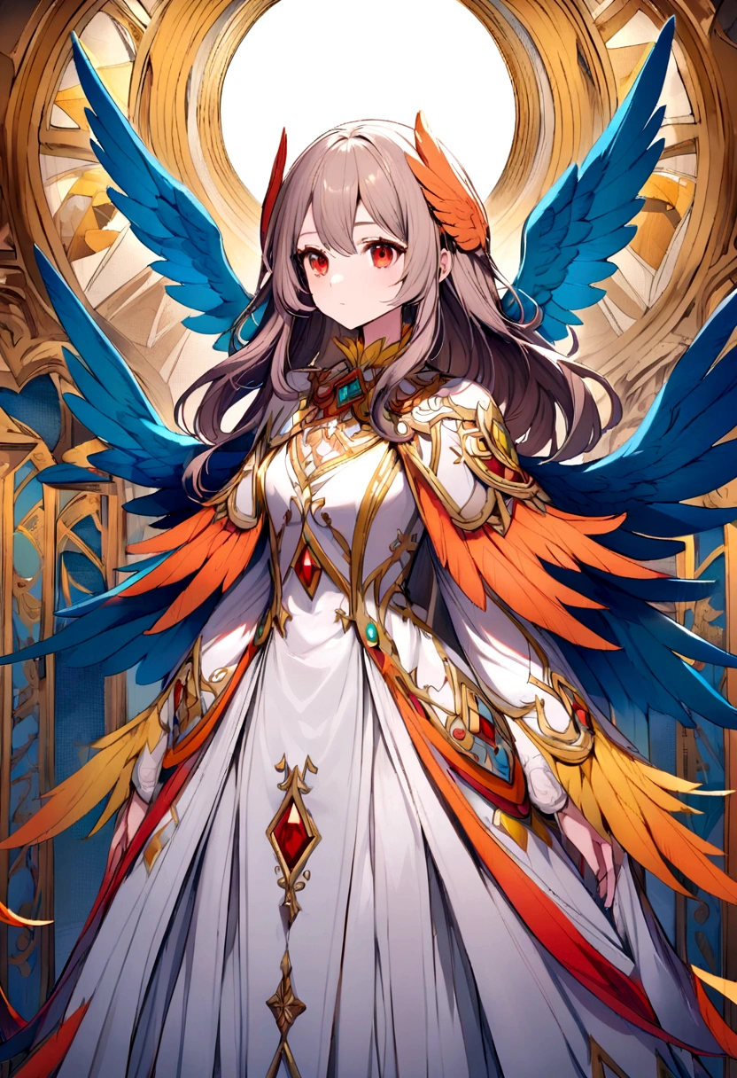 bird girl, white shoulder length hair, red eyes, orange feathered collar, white dress, blue wings instead of arms, small brown wings with yellow edges on shoulders