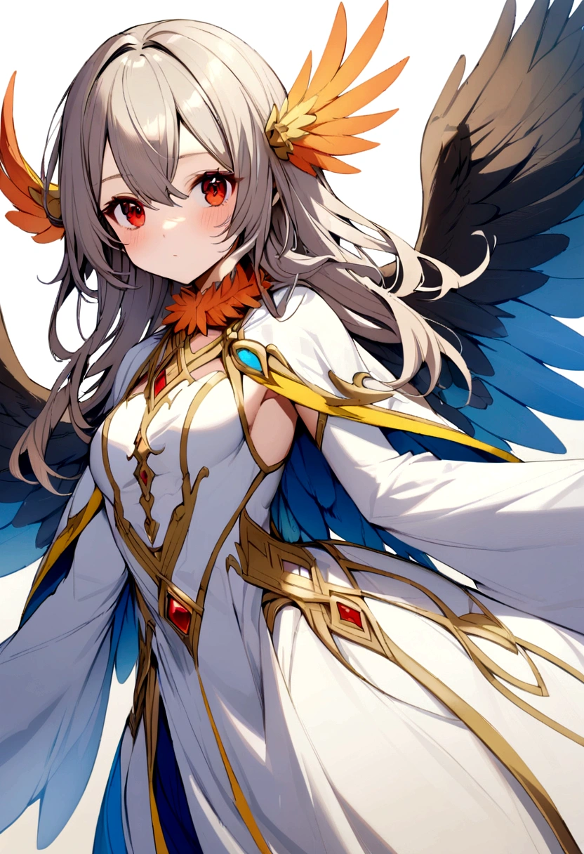 bird girl, white shoulder length hair, red eyes, orange feathered collar, white dress, blue wings instead of arms, small brown wings with yellow edges on shoulders