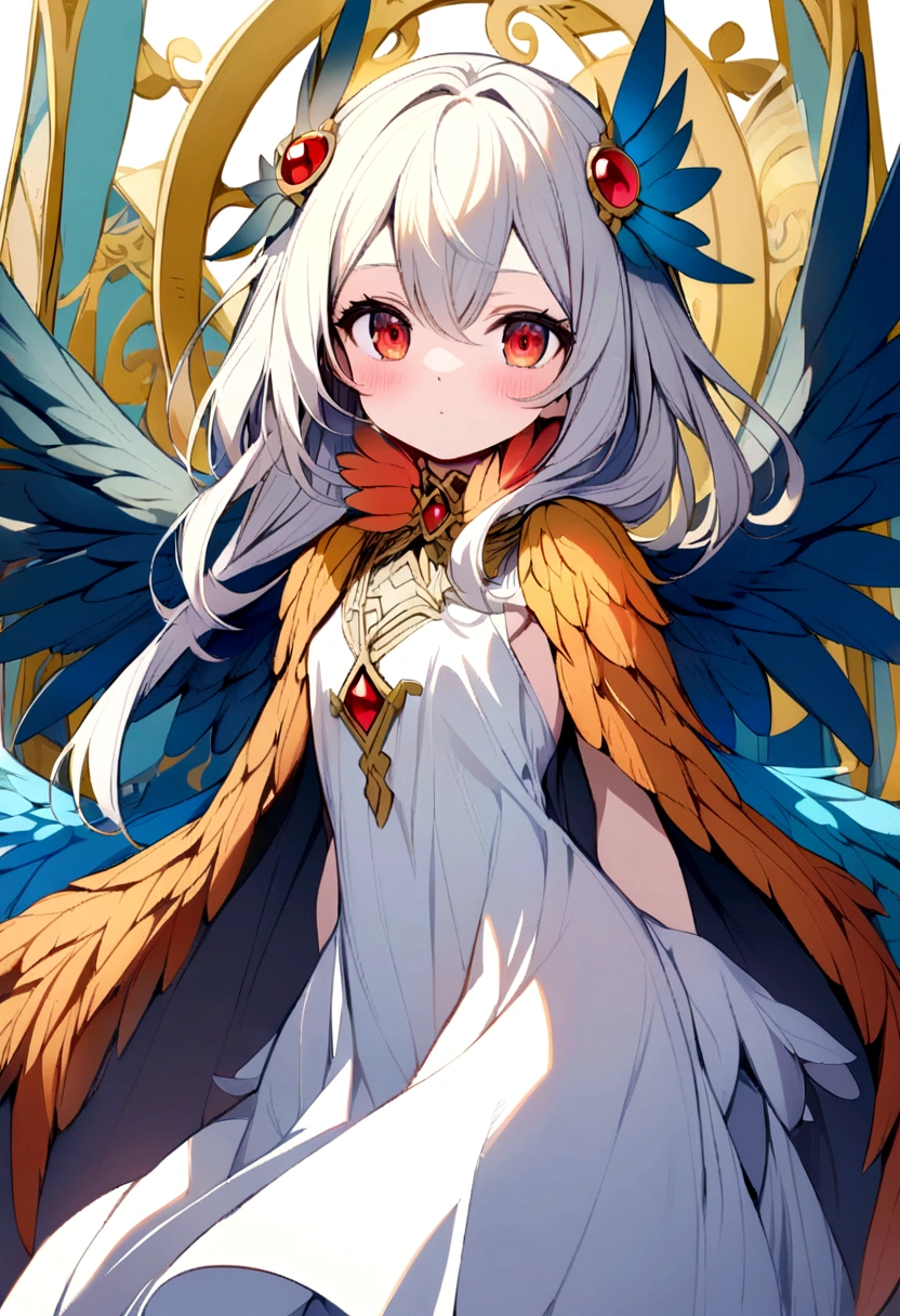 bird girl, white shoulder length hair, red eyes, orange feathered collar, white dress, blue wings instead of arms, small brown wings with yellow edges on shoulders