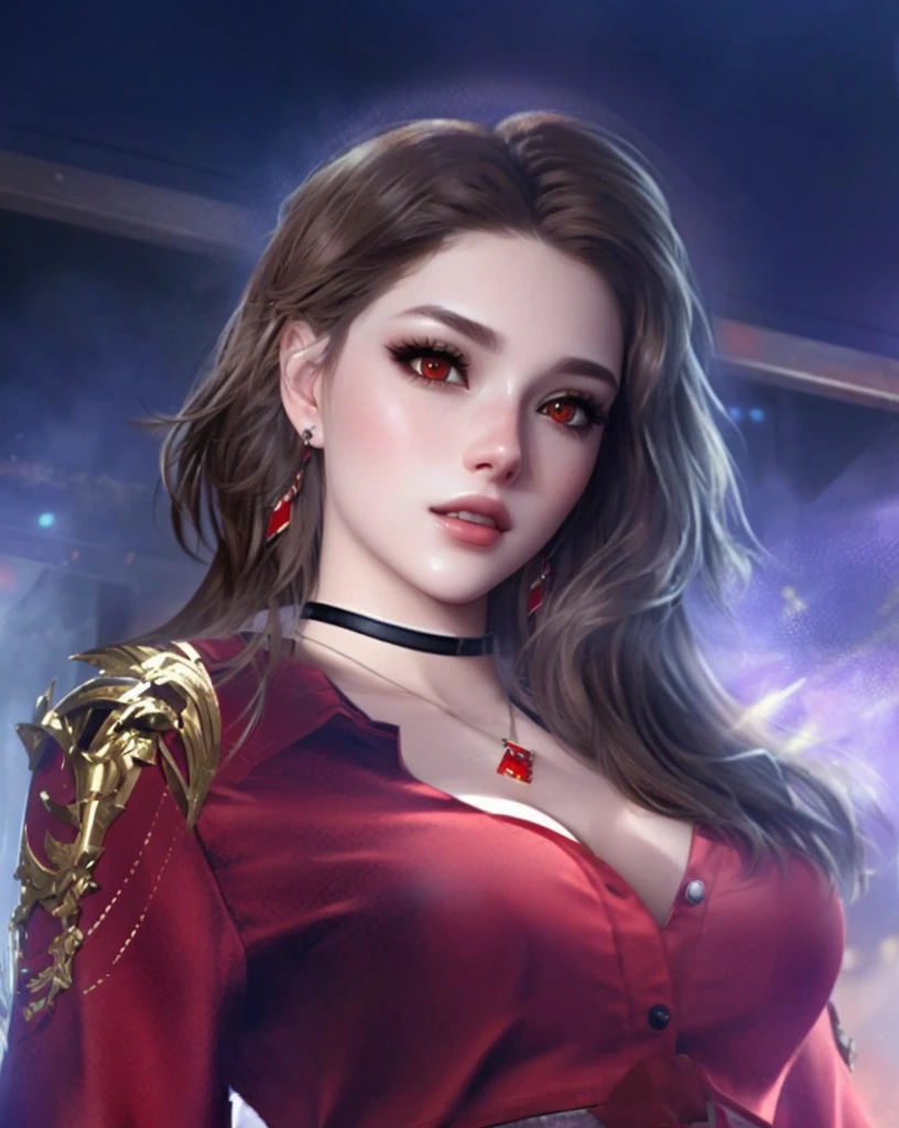 A brown-haired beauty,Red eyes,Game CG,Realistic style,32k
