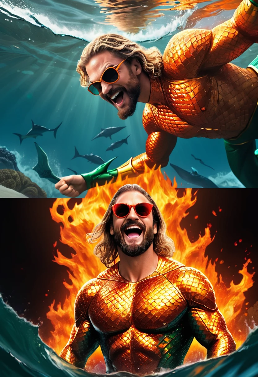 Aquaman, sunglasses reflection of duality ocean and inferno, wordless, visually hilarious, cohesive, intense meme that conveys overwhelming joy