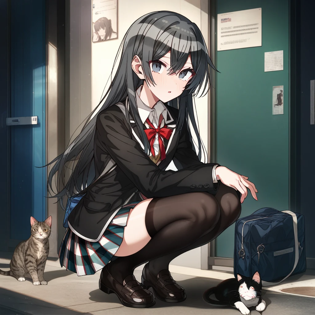 1girl, erere, absurdres, official art, absurdres, yahari ore no seishun lovecome wa machigatteiru., yukinoshita yukino, 1girl, bag, black eyes, black hair, black jacket, black thighhighs, blazer, cat, copyright name, jacket, loafers, long hair, looking at viewer, parted lips, plaid clothes, plaid skirt, pleated skirt, school bag, , shoes, shoulder bag, skirt, sobu high , solo, squatting, thighhighs, ((very aesthetic, best quality, ultra detailed))