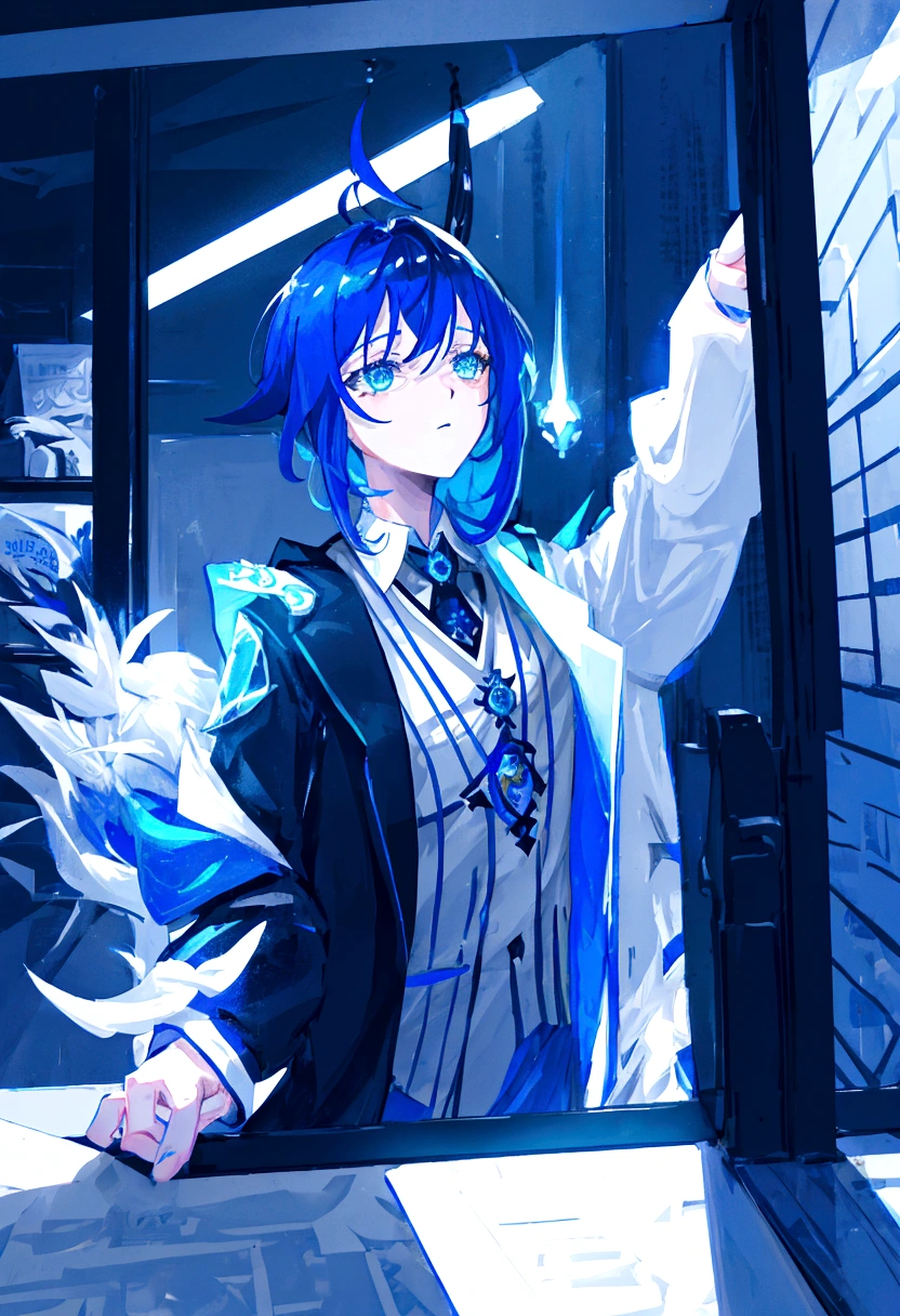 Dark doctors office, (genshin impact) blue ray, white lighting ,