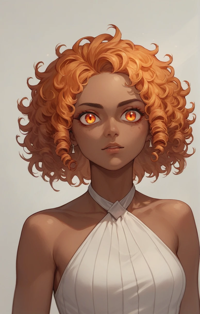 Anime dark skin woman, orange curly hair, ember colored-eyes