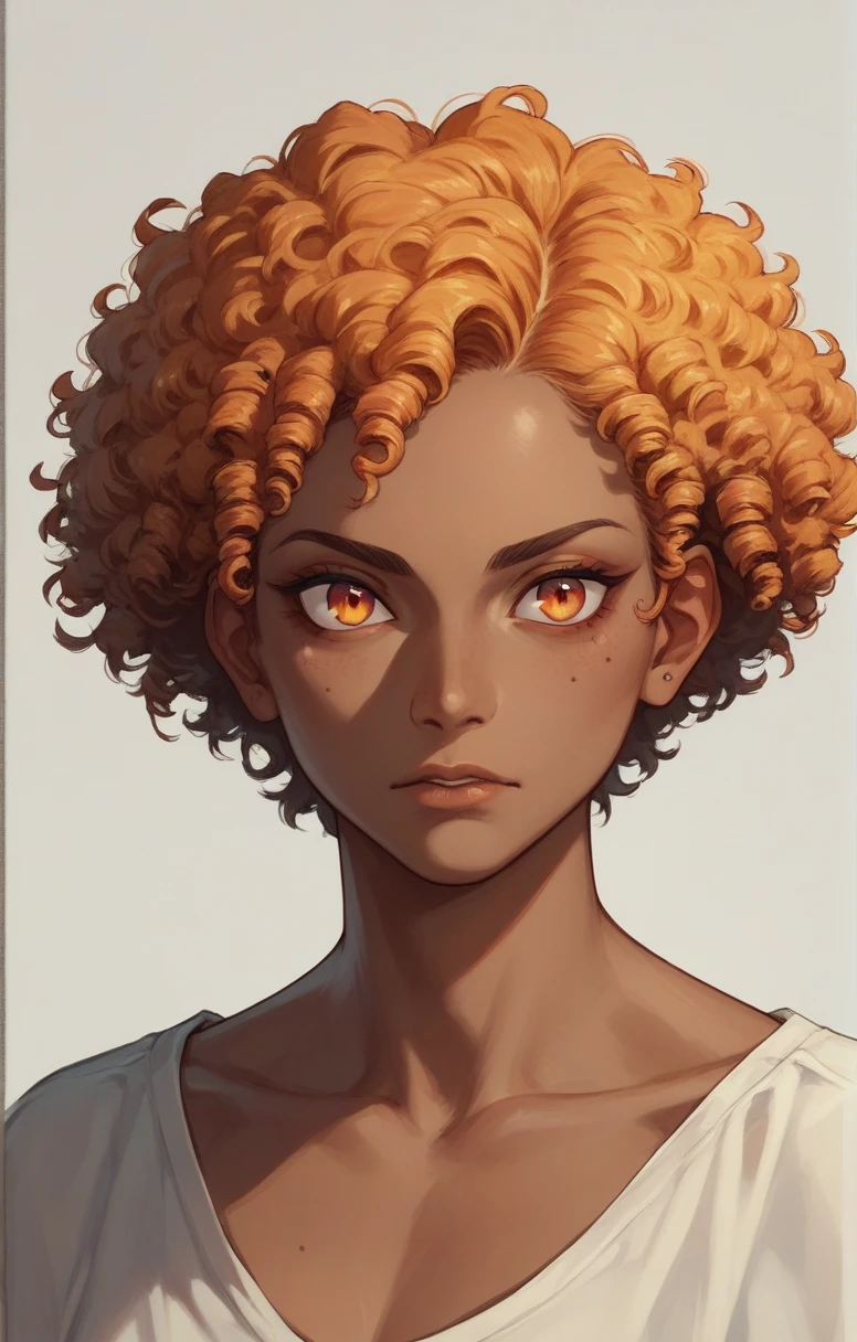 Anime dark skin woman, orange curly hair, ember colored-eyes
