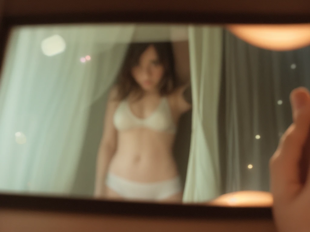 (Peephole view) , Voyeur , (old color negative film) , (soft focus) , (Bokeh:1.3) , woman , woman's messy room , (Activities of daily living) , underwear , looking away , Change underwear , Scratching the groin , behind object , bathing , twilight , dim light