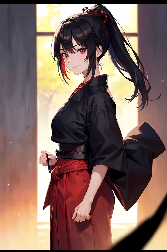(masterpiece; best quality: 1.2), (finely detailed eyes: 1.3), ((25 year old woman)), ((solo)), (red eyes: 1.4), (body; lithe, toned, femenine: 1.3), (black hair in ponytail: 1.3), (beautiful and clear background: 1.2), ((depth of field)), (clothes: samurai attire + black hakama + red sash: 1.3), (anime illustration: 1.2), (background; old japanese castle exterior + night: 1.1), (extremely fine and beautiful: 1.1), (shot composition; standing + centered on torso + close-up: 1.5), (expression; calm, smile: 1.2)