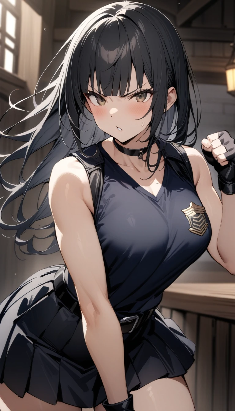 ((Highest quality)), ((masterpiece)), (detailed),cowboy shot , Rin々Policewoman small breasts Mature Woman, ((A black sleeveless police uniform over a white sleeveless U-neck T-shirt)), Black choker,((clavicle))、Black long hair Blunt bangs black pleated mini skirt black fingerless gloves V-shaped eyebrows Combat Stance Black Belt Clenched fist Old tavern