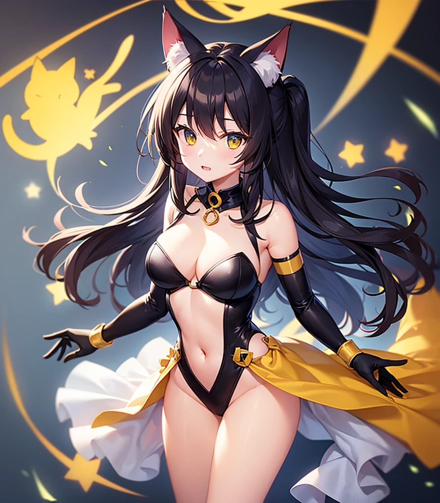 (Cat Cosplay),Revealing clothing,((Yellow cat ears)),((Cat&#39;s Tail)),Cute little ,Tiny ,Small girl,,Childish face, Very fine clean face,Top quality, Big eyes,Straight Hair,Yellow hair,Crimson Eye,(Dark Room), Subtle light, Natural light,Soft lighting,Light from directly behind, (Are standing), Cute pose, (Open your hands), Showing the whole body,Front view,Black background