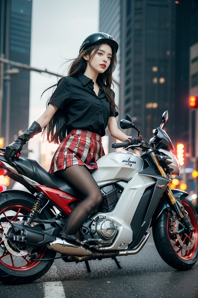 (((best quality))),(((ultra detailed))),(((masterpiece))),illustration,(1 beautiful girl,solo),((slim,thin)),((small breasts,flat chest)),(safety helmet:1.3),shoulder length straight hair,slender legs,cyberpunk, urban street,high school student, JK outfit,(riding on a motorcycle:1.3), sleek, (white collared short-sleeved shirt:1.3),(gloves:1.2),(red checkered pleated skirt:1.3),(pantyhose:1.3), stylish boots, confidence, determination, dark streets,neon lights, skyscrapers, urban noises, traffic, sirens, city sounds, futuristic, dystopian society, technology, fashion, explosive cocktail, style, , modernity, attitude, spirit, anything is possible,from front