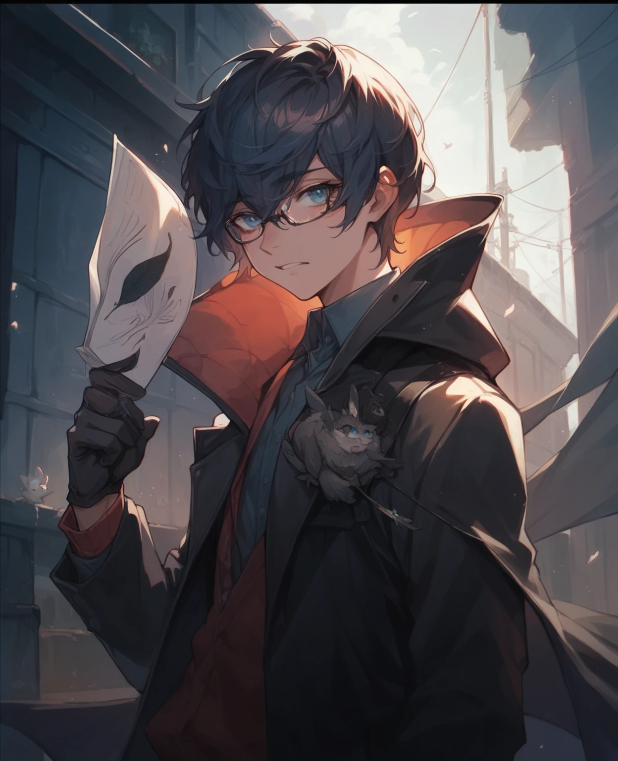 With blue eyes and glasses 