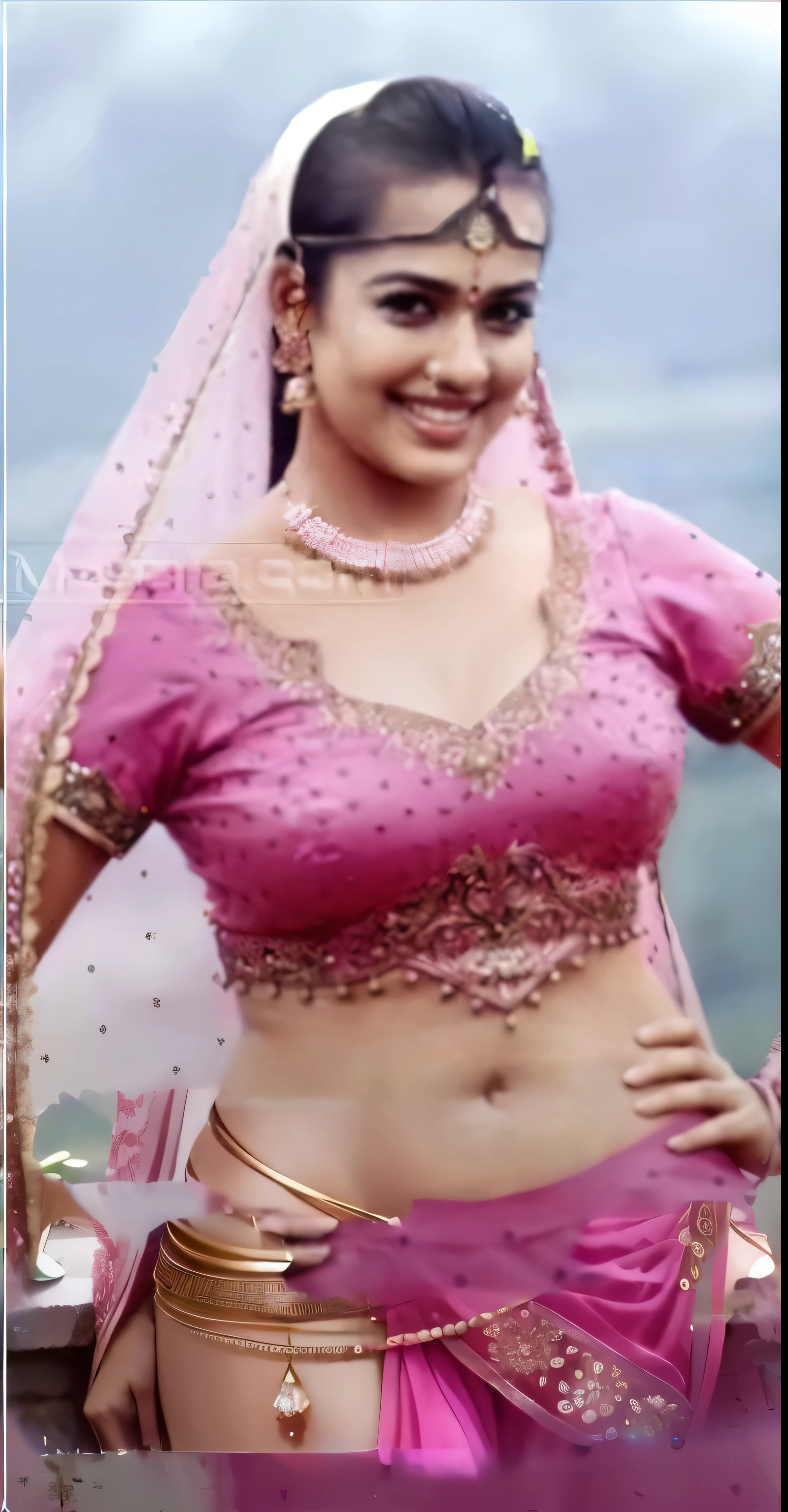 a woman in a pink sari posing for a photo, very beautiful enga style, her belly button is exposed, very attractive and beautiful, tinyest midriff ever, belly button showing, indian super model, sexy movie photo, with lovely look, skinny waist and thick hips, beautiful midriff, very beautiful photo, pierced navel, with a thin waist