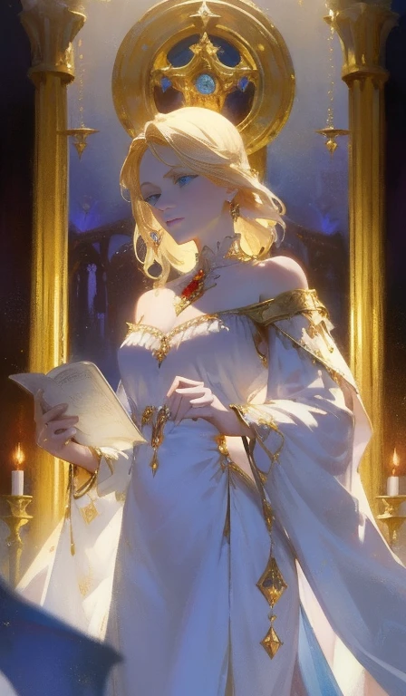 Fantasy, 19th century, empress, woman, delicate face, pale blonde hair, blue eyes, in a white royal dress with open shoulders, gold patterns on fabric, crystal jewelry, with a scarlet ribbon over the shoulder with the regalia of the monarch, Gothic castle made of white stone on the background, light, day, hd