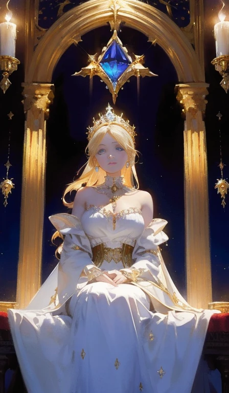 Fantasy, 19th century, empress, woman, delicate face, pale blonde hair, blue eyes, in a white royal dress with open shoulders, gold patterns on fabric, crystal jewelry, with a scarlet ribbon over the shoulder with the regalia of the monarch, Gothic castle made of white stone on the background, light, day, hd