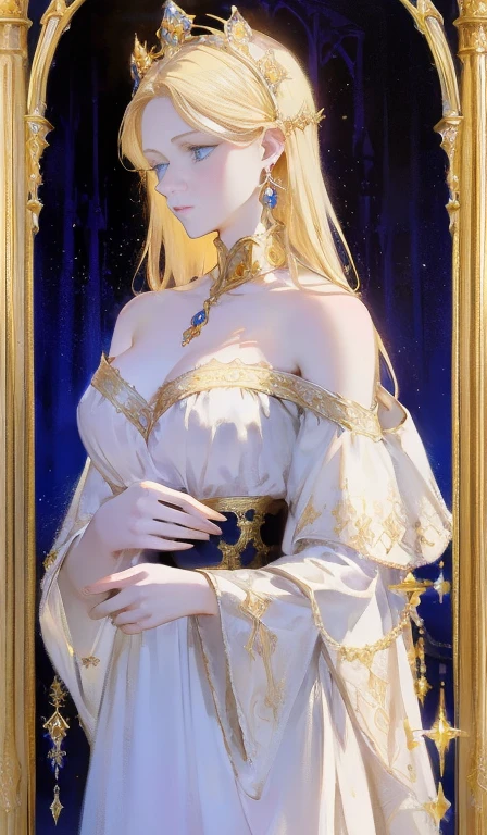 Fantasy, 19th century, empress, woman, delicate face, pale blonde hair, blue eyes, in a white royal dress with open shoulders, gold patterns on fabric, crystal jewelry, with a scarlet ribbon over the shoulder with the regalia of the monarch, Gothic castle made of white stone on the background, light, day, hd