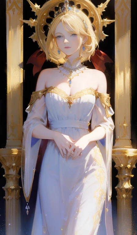 Fantasy, 19th century, empress, woman, delicate face, pale blonde hair, blue eyes, in a white royal dress with open shoulders, gold patterns on fabric, crystal jewelry, with a scarlet ribbon over the shoulder with the regalia of the monarch, Gothic castle made of white stone on the background, light, day, hd