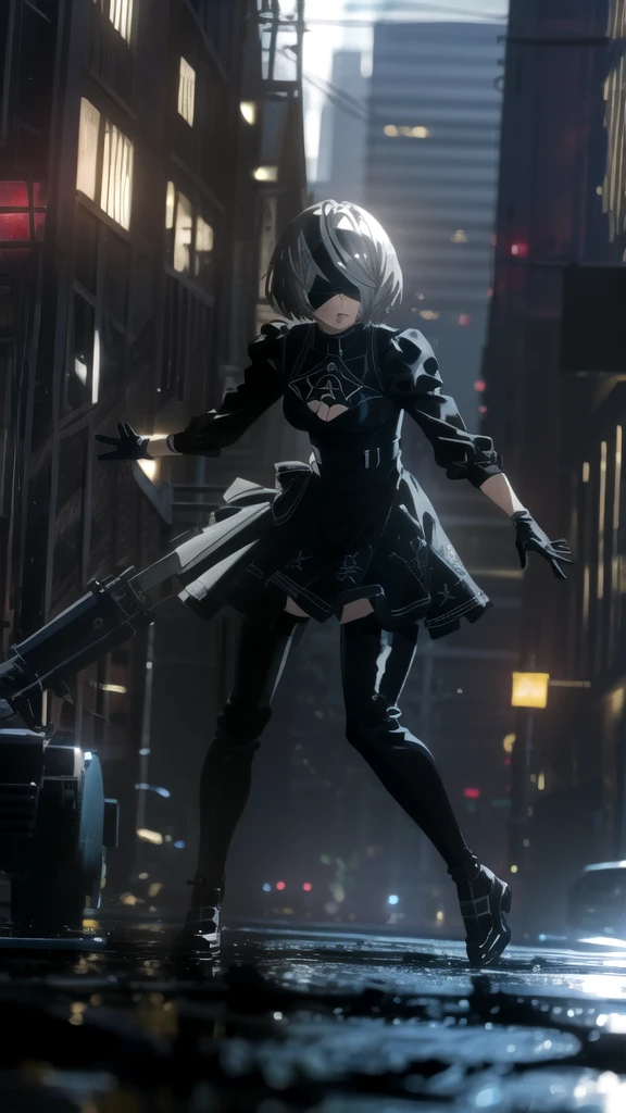 Epic CG masterpiece, hdr,DTM, full ha,8K, ultra detailed graphic tension, dynamic poses, stunning colors, 3D rendering, surRealism, cinematic lighting effects, Realism, 00 renderer, super realistic, Super view, super wide Angle, HD
blury background,automata inspired、Nier Automata Characters、Nier Automata Cosplay、(High Resolution、4K、highest quality) Inspired by Nier、A girl in a black outfit holding a sword: Automata。Girls、((Both eyes are completely covered with a black blindfold.))、Delicate and beautiful silvery white short hair、Beautiful detailed lips、And has a highly detailed face with fine skin texture。,The girl&#39;s black outfit is made of shiny leather material.、Gives a stylish and futuristic look。In his hand he holds a silver sword、Reflecting sunlight。The blade is intricately engraved、The craftsmanship shines through。Girl&#39;s hair blowing in the wind、Adds dynamic movement to the scene。The overall image is realistic and photorealistic.、Sharp focus and vibrant colors、Enhances visual impact。This artwork is from Nier : It captures the essence of Automata.、It pays tribute to the iconic character 2b.。,
depth of field,
black Spider Man costume,1gir, 独奏,lips, (shiny skin:1.5)skin tight,grey eyes,
spider web print,
