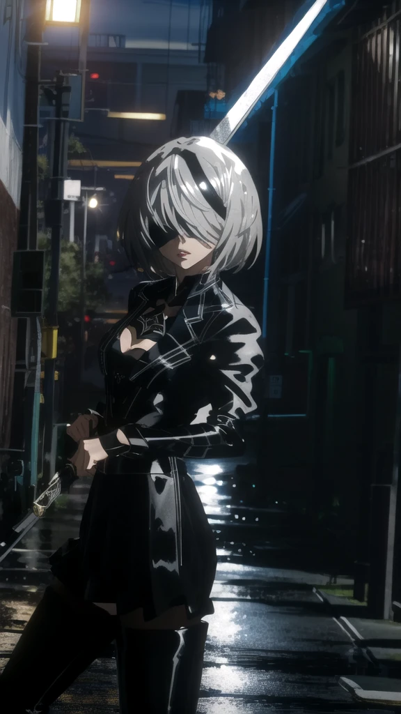 Epic CG masterpiece, hdr,DTM, full ha,8K, ultra detailed graphic tension, dynamic poses, stunning colors, 3D rendering, surRealism, cinematic lighting effects, Realism, 00 renderer, super realistic, Super view, super wide Angle, HD
blury background,automata inspired、Nier Automata Characters、Nier Automata Cosplay、(High Resolution、4K、highest quality) Inspired by Nier、A girl in a black outfit holding a sword: Automata。Girls、((Both eyes are completely covered with a black blindfold.))、Delicate and beautiful silvery white short hair、Beautiful detailed lips、And has a highly detailed face with fine skin texture。,The girl&#39;s black outfit is made of shiny leather material.、Gives a stylish and futuristic look。In his hand he holds a silver sword、Reflecting sunlight。The blade is intricately engraved、The craftsmanship shines through。Girl&#39;s hair blowing in the wind、Adds dynamic movement to the scene。The overall image is realistic and photorealistic.、Sharp focus and vibrant colors、Enhances visual impact。This artwork is from Nier : It captures the essence of Automata.、It pays tribute to the iconic character 2b.。,
depth of field,
black Spider Man costume,1gir, 独奏,lips, (shiny skin:1.5)skin tight,grey eyes,
spider web print,
