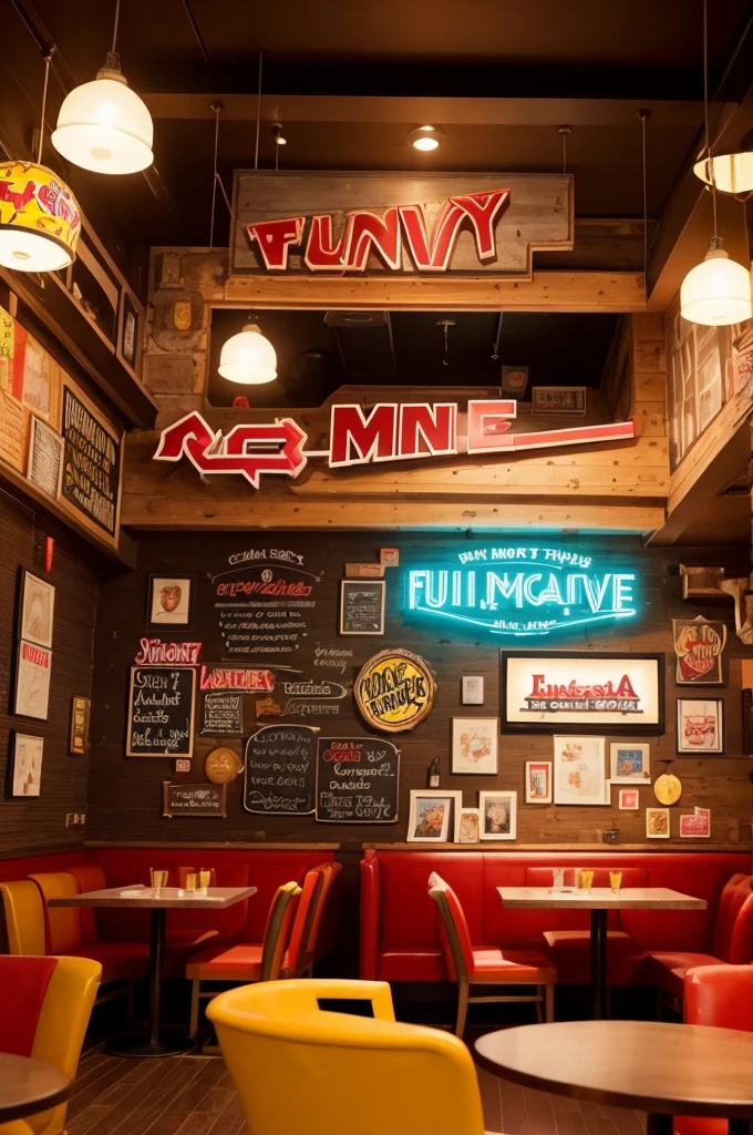 Create an image of a movie-themed restaurant "Funny Mind". The restaurant must have colorful decorations inspired by the emotions of the film, with themed areas for each emotion (cheerfulness, suru, anger, fear, disgusting). Include elements such as decorated tables and chairs, vibrant lights and a menu that reflects the film&#39;s theme.
