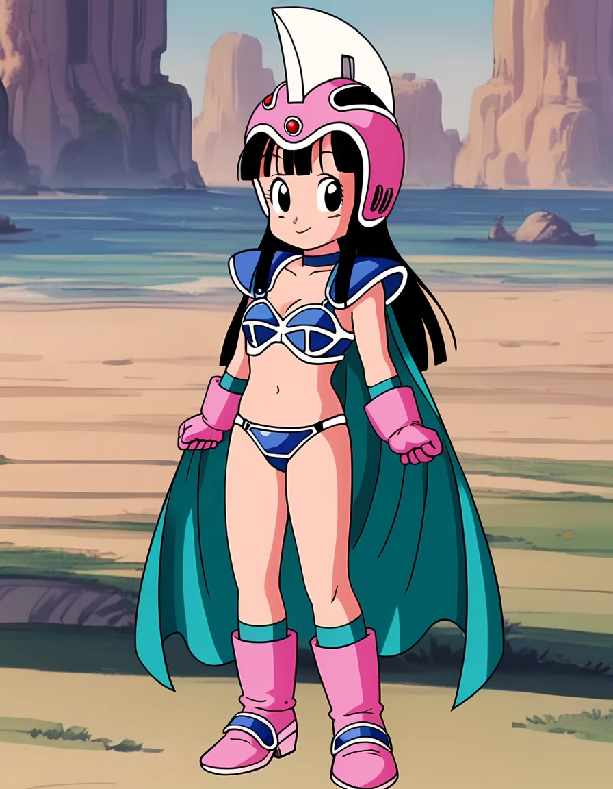 sauce_anime, score_9, score_8_superior, score_7_superior, anime screencap,8K, Absurd,
Who is who?, Dilapidated, woman , One girl, alone, Long Hair, Blunt bangs, smile, Black Hair,  Iris, 
pink headwear, boots, blue choker, armor, helmet, shoulder armor, pauldrons, pink footwear, bikini armor, pink gloves, green cape, shoulder pads, socks, green legwear, green armwear, two tone footwear, collarbone, blue bikini, bikini bottom only